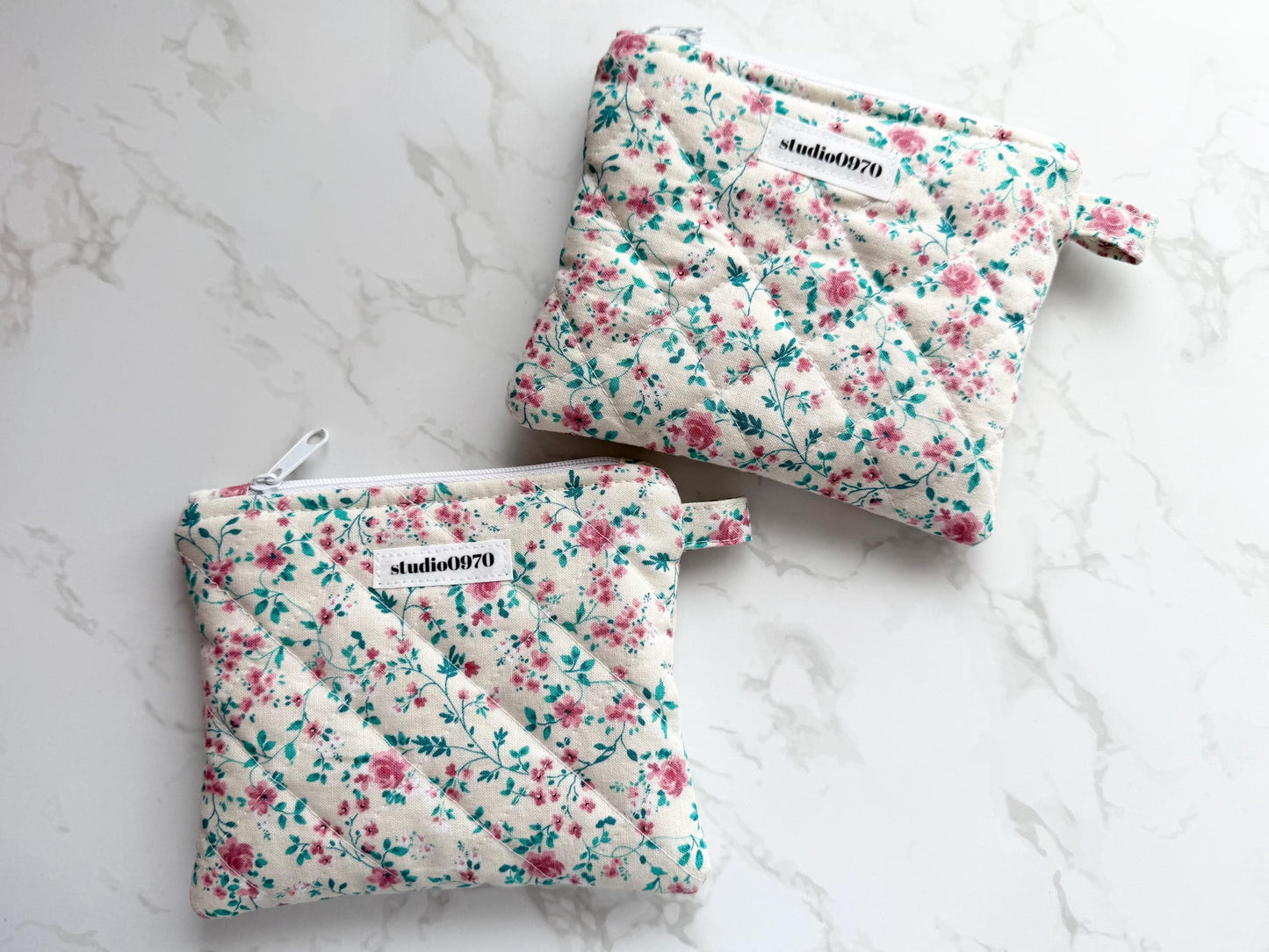 Pink Floral Vines on Cream Quilted Mini Pouch