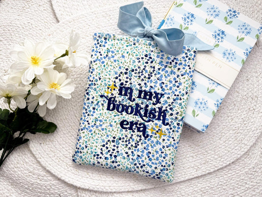 Blue Mini Floral 'In My Bookish Era' Embroidered Book Sleeve