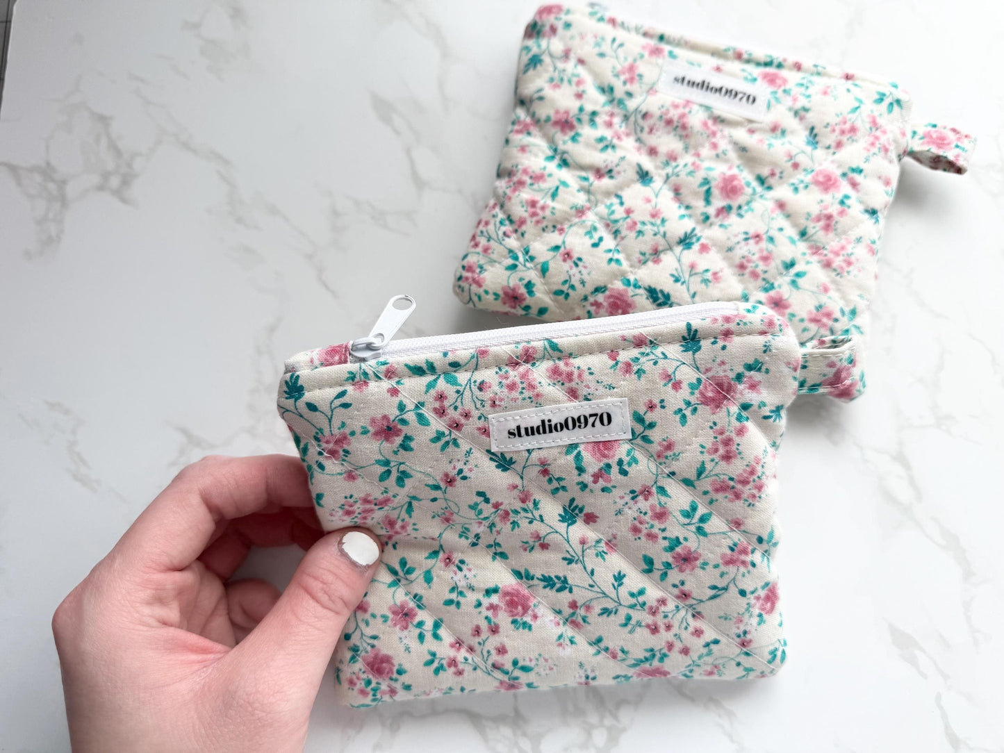 Pink Floral Vines on Cream Quilted Mini Pouch