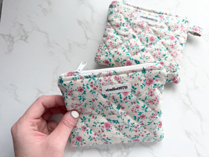 Pink Floral Vines on Cream Quilted Mini Pouch