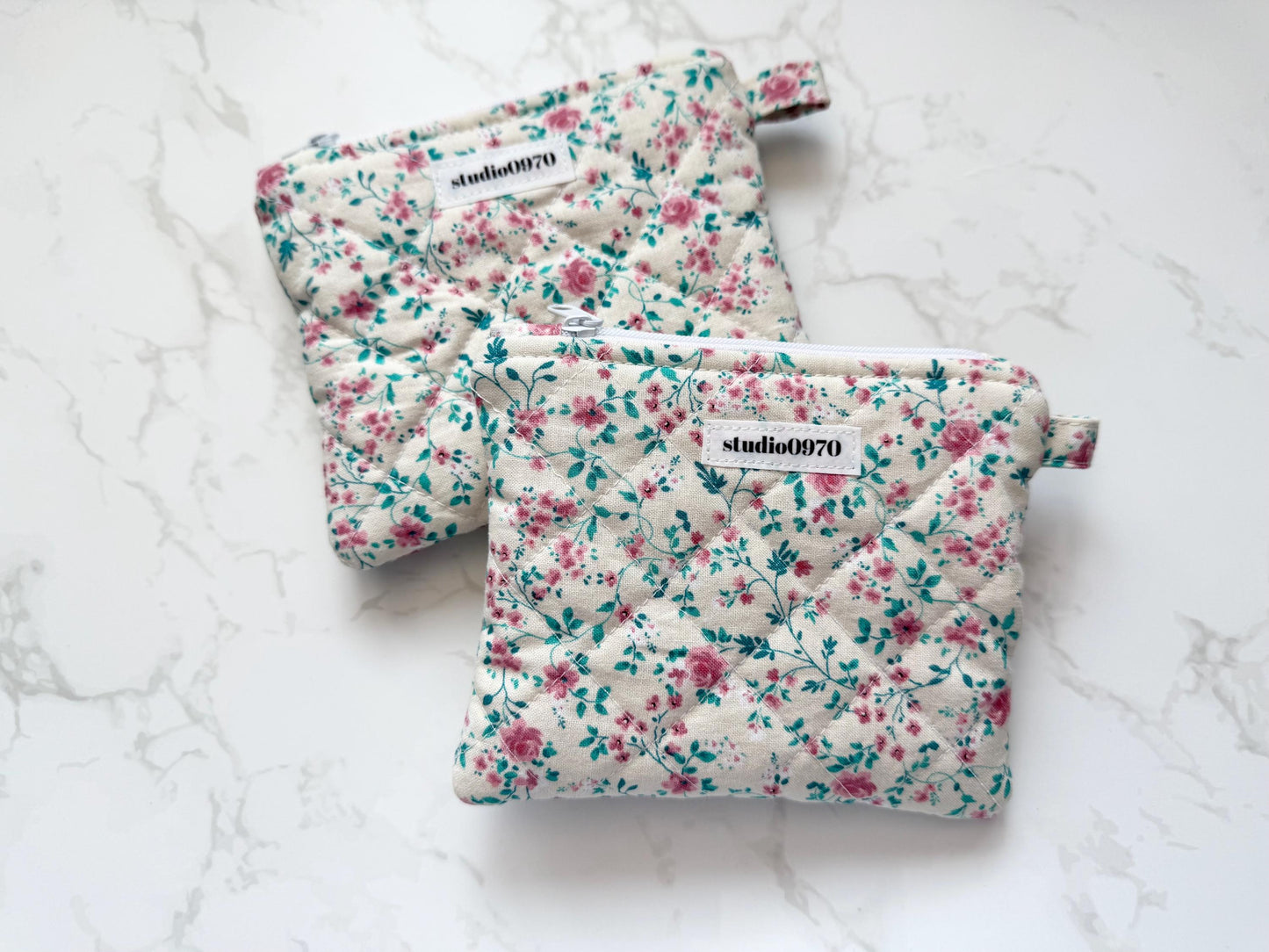 Pink Floral Vines on Cream Quilted Mini Pouch