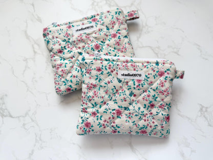 Pink Floral Vines on Cream Quilted Mini Pouch