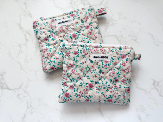 Pink Floral Vines on Cream Quilted Mini Pouch