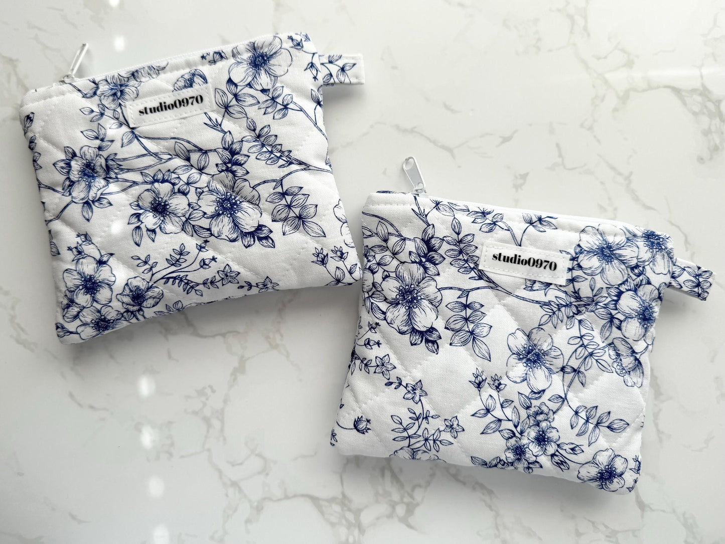 White & Navy Floral Quilted Mini Pouch