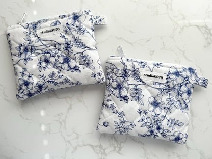 White & Navy Floral Quilted Mini Pouch