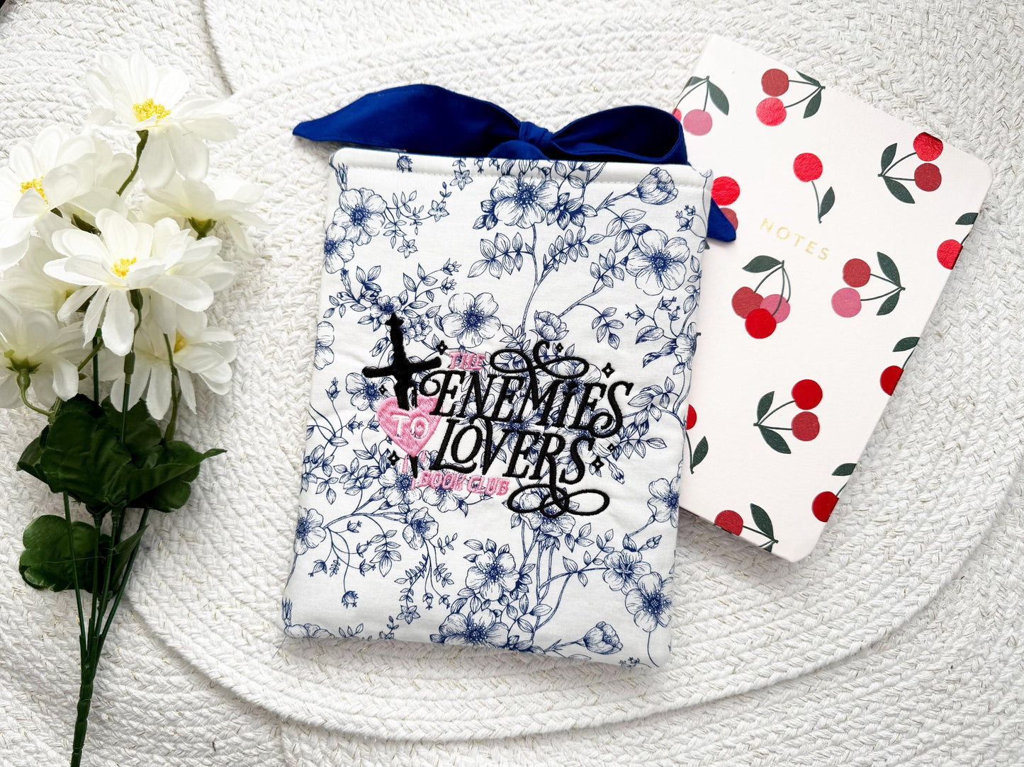 White & Navy Floral 'Enemies To Lovers Book Club' Embroidered Book Sleeve