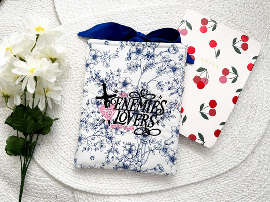 White & Navy Floral 'Enemies To Lovers Book Club' Embroidered Book Sleeve