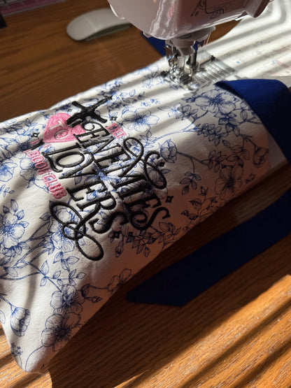 White & Navy Floral 'Enemies To Lovers Book Club' Embroidered Book Sleeve