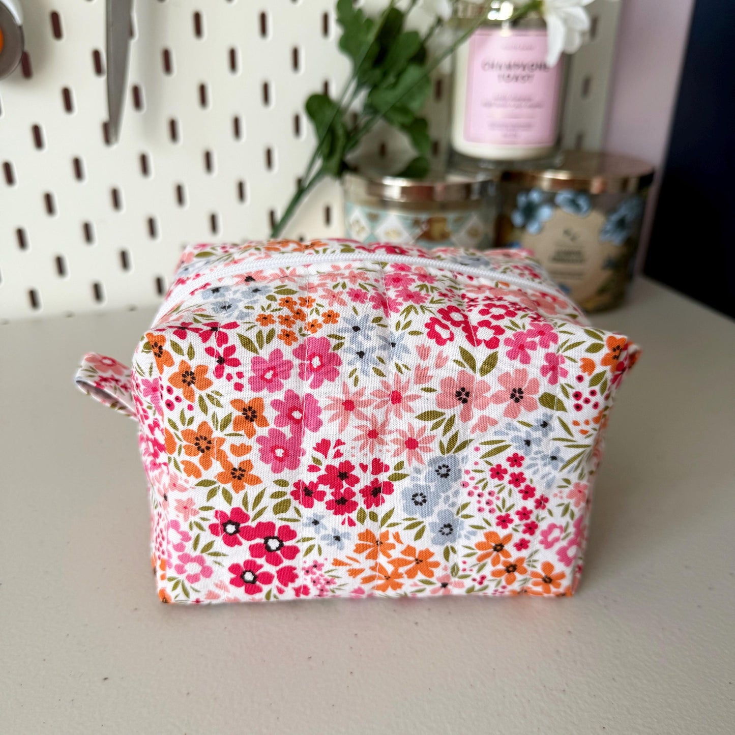 Floral On Pink Quilted Mini Boxy Makeup Bag