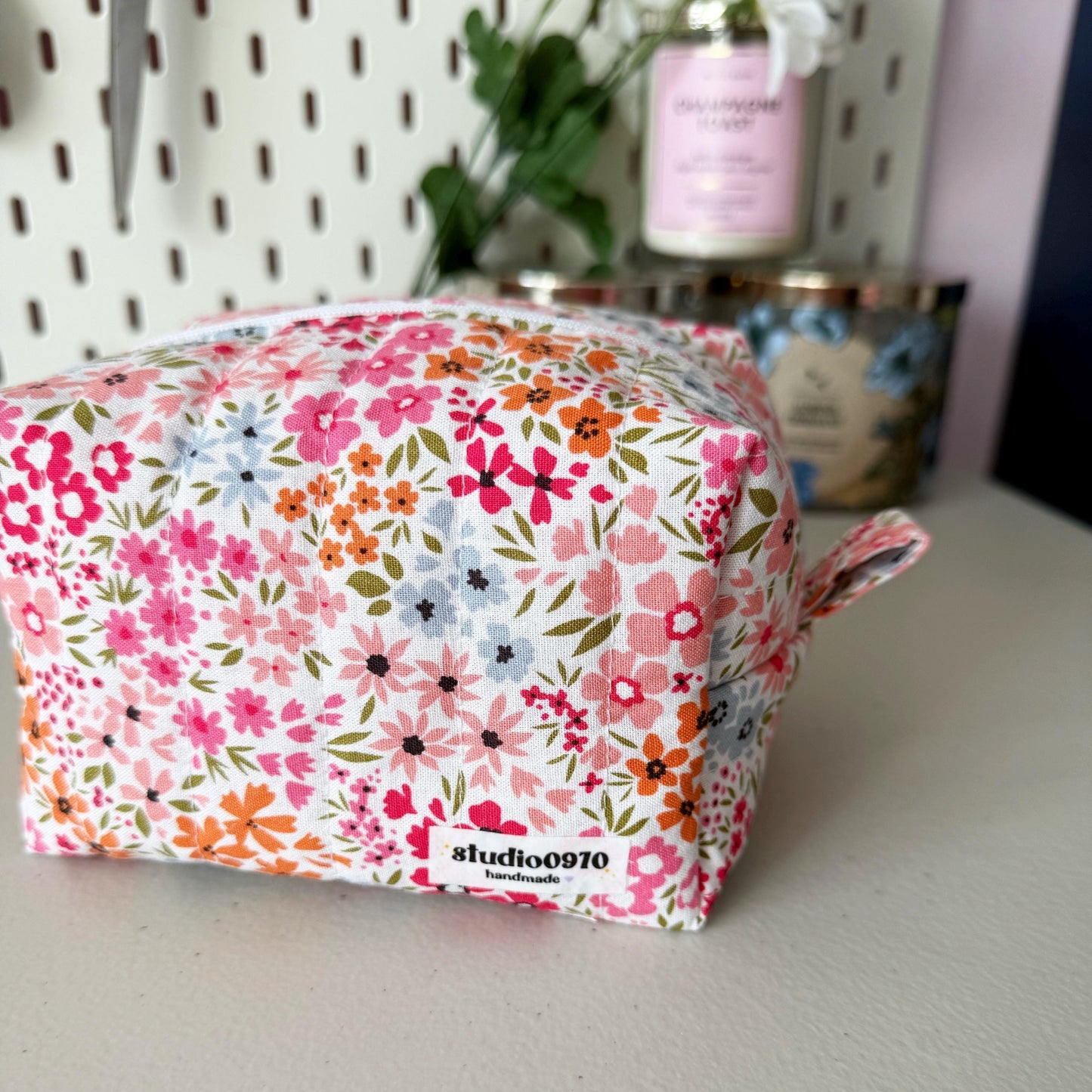 Floral On Pink Quilted Mini Boxy Makeup Bag
