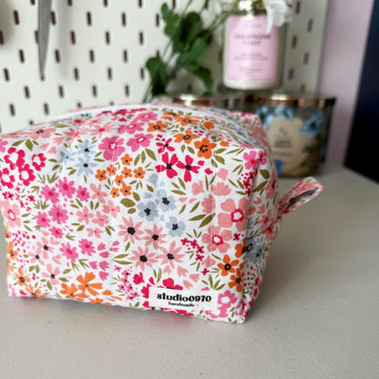 Floral On Pink Quilted Mini Boxy Makeup Bag