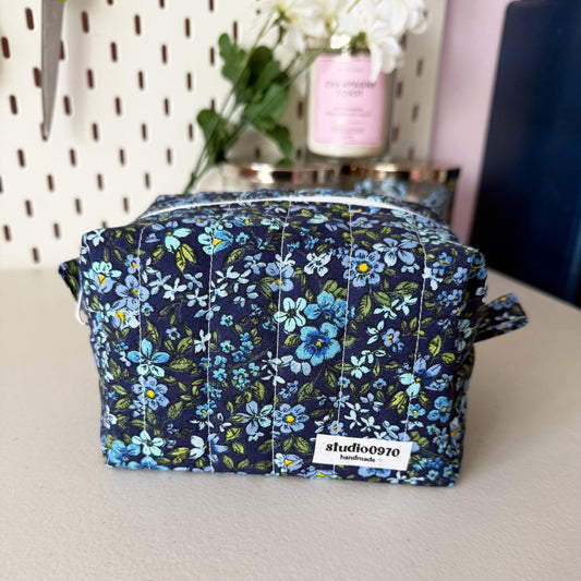 Ditsy Blue Floral Quilted Mini Boxy Makeup Bag