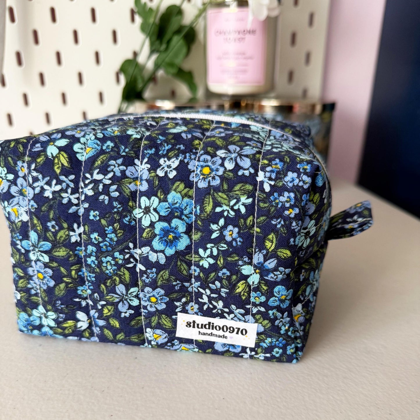 Ditsy Blue Floral Quilted Mini Boxy Makeup Bag