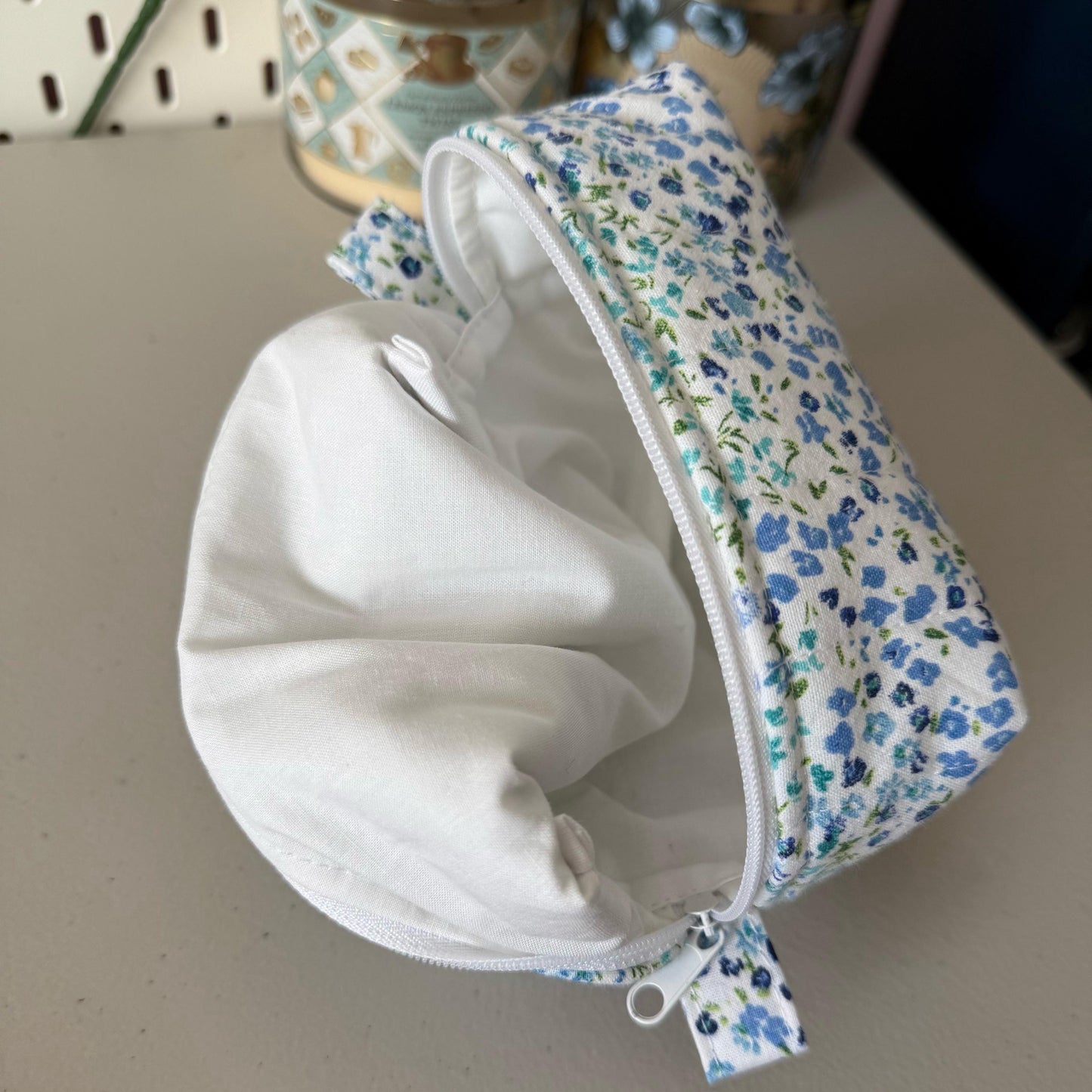 Blue Mini Floral Patchwork Quilted Mini Boxy Makeup Bag