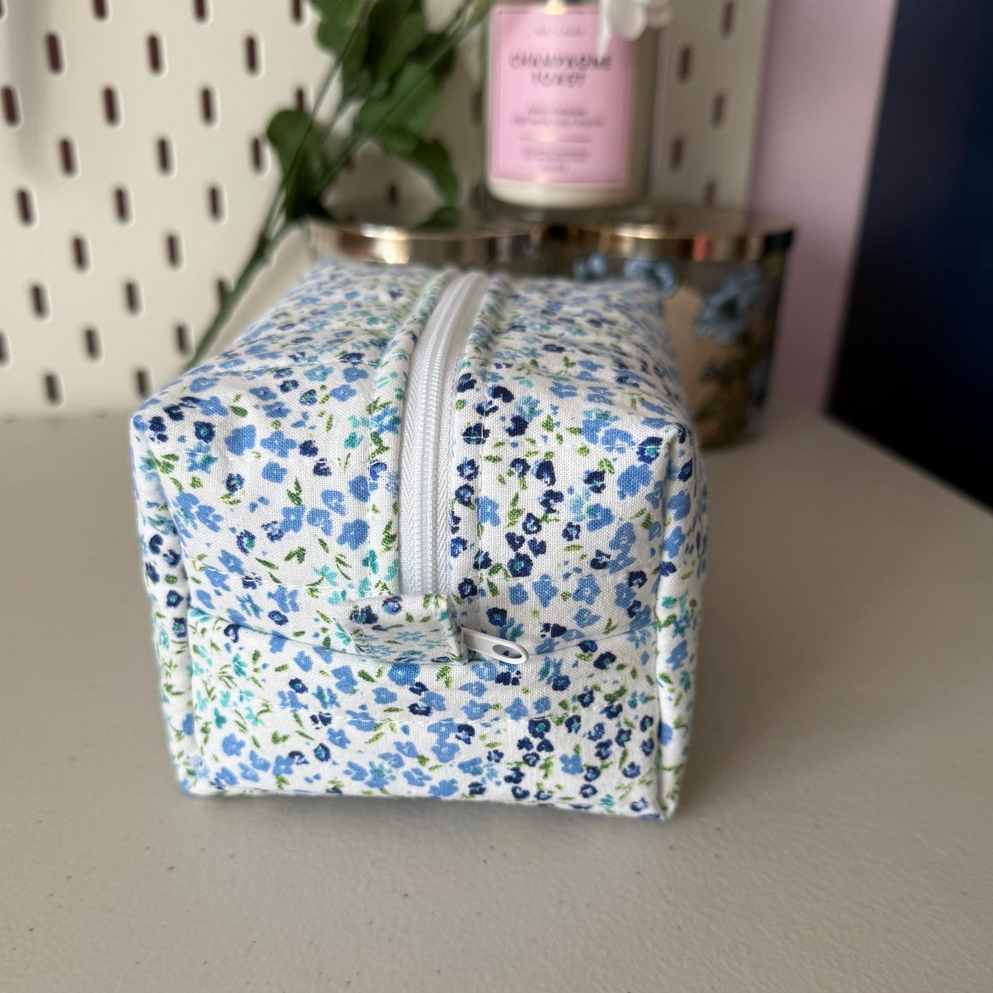 Blue Mini Floral Patchwork Quilted Mini Boxy Makeup Bag