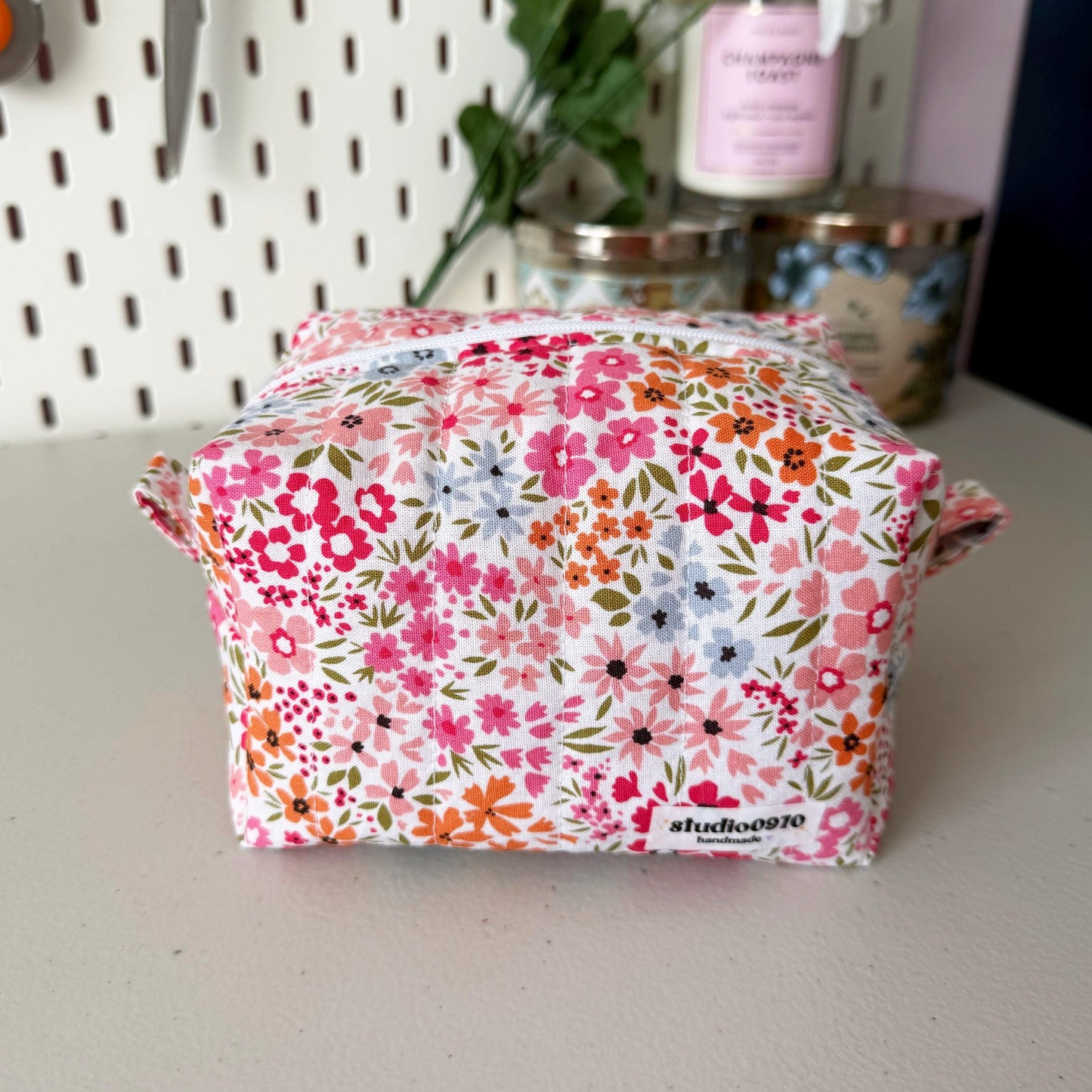 Floral On Pink Quilted Mini Boxy Makeup Bag