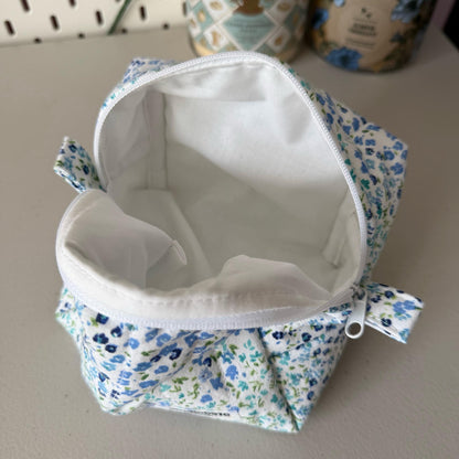 Blue Mini Floral Patchwork Quilted Mini Boxy Makeup Bag