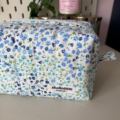 Blue Mini Floral Patchwork Quilted Mini Boxy Makeup Bag