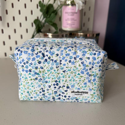 Blue Mini Floral Patchwork Quilted Mini Boxy Makeup Bag