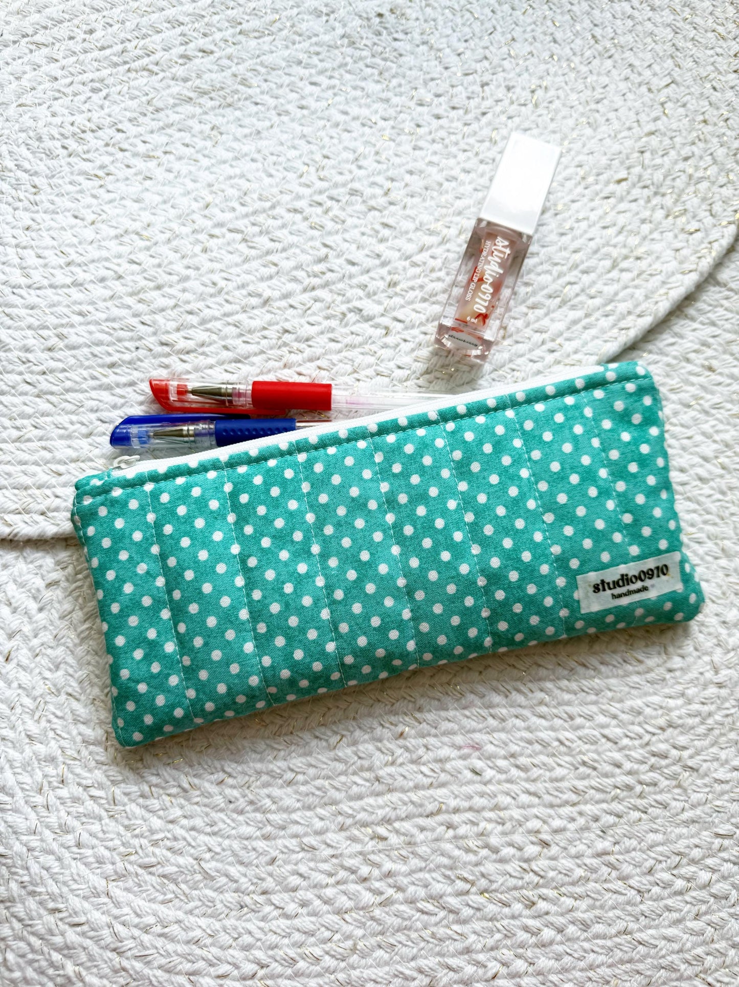 Turquoise Dot Quilted Pencil Case