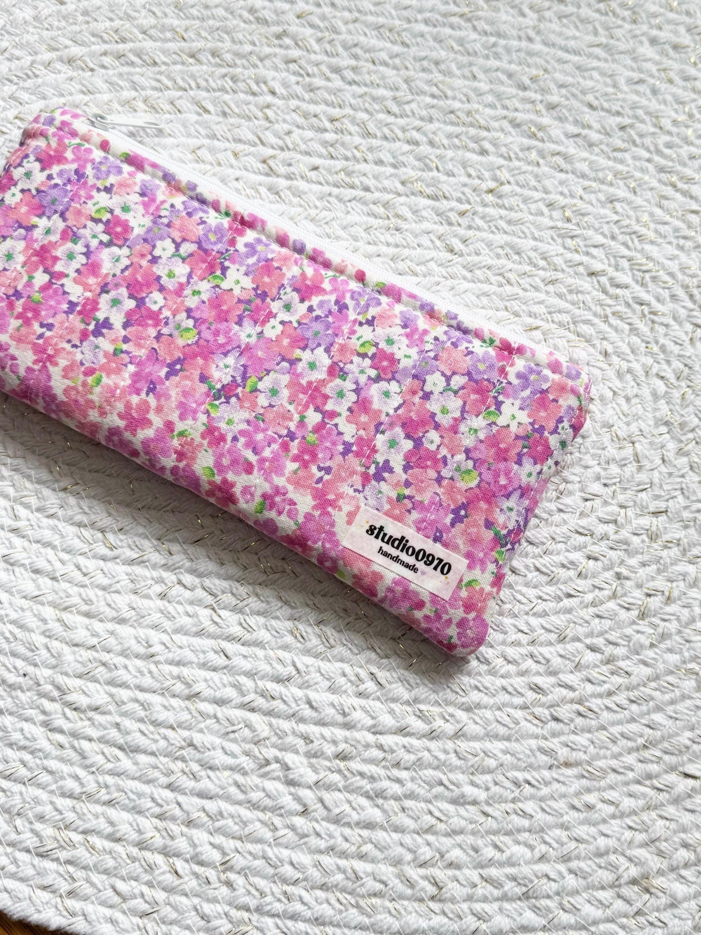 Floral Pink Stripes Quilted Pencil Case