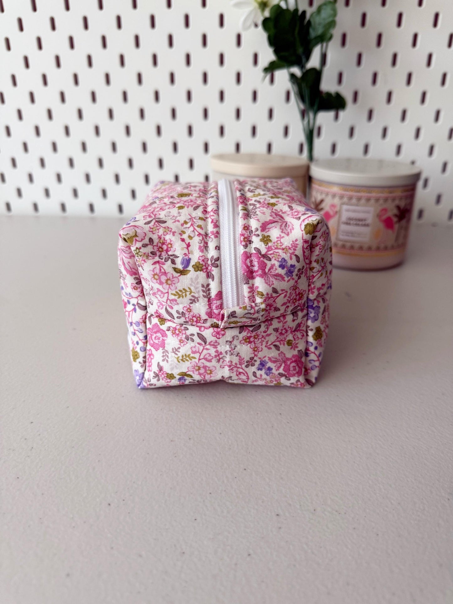 Pink Floral Quilted Mini Boxy Makeup Bag