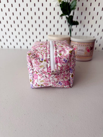 Pink Floral Quilted Mini Boxy Makeup Bag