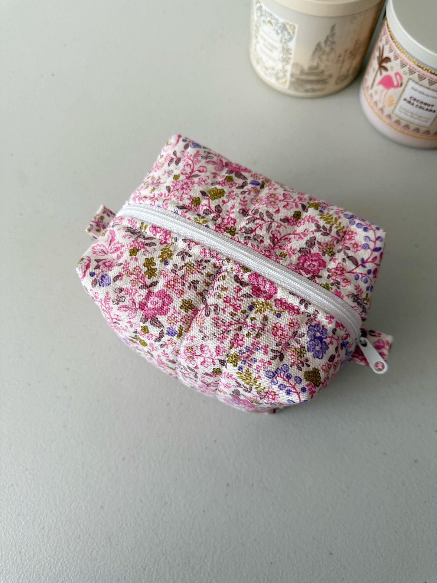 Pink Floral Quilted Mini Boxy Makeup Bag