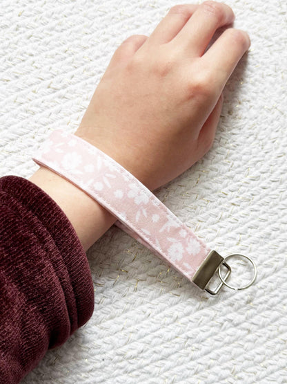 White Floral On Pink Key Fob