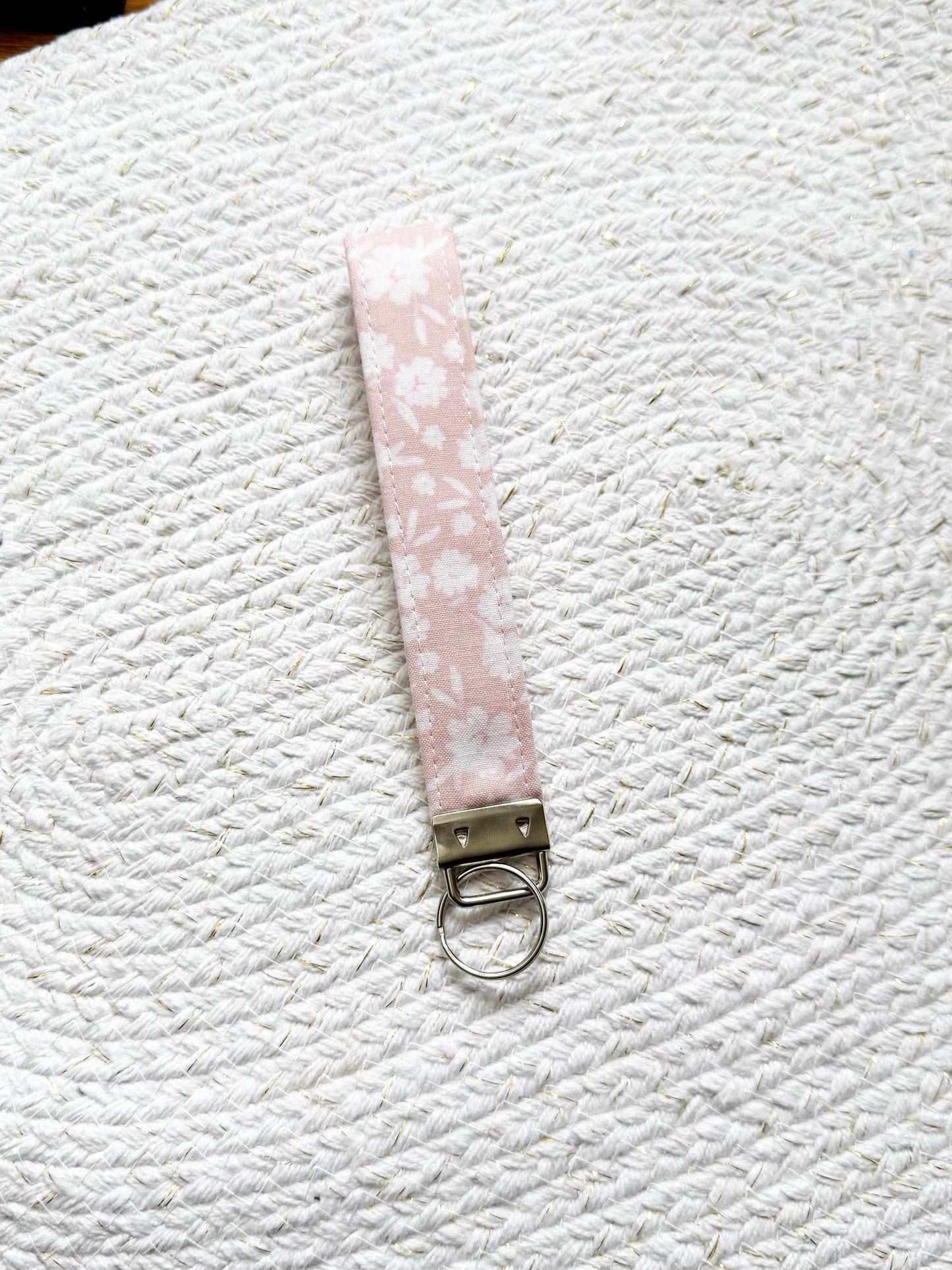 White Floral On Pink Key Fob