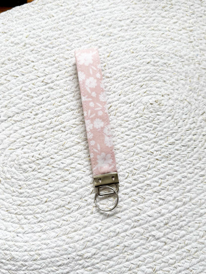 White Floral On Pink Key Fob