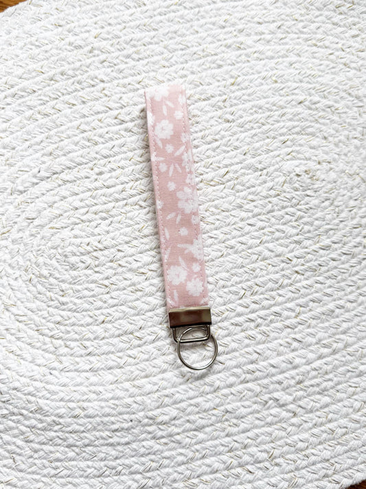 White Floral On Pink Key Fob