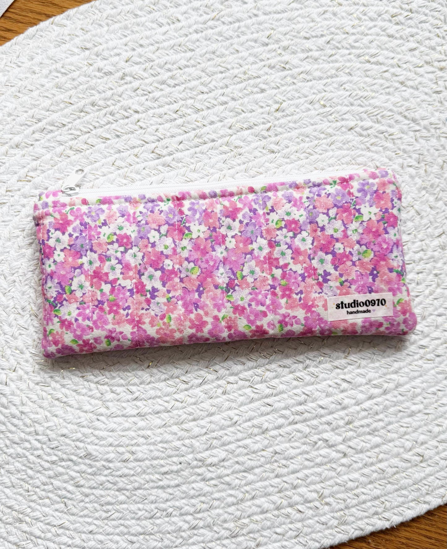 Floral Pink Stripes Quilted Pencil Case