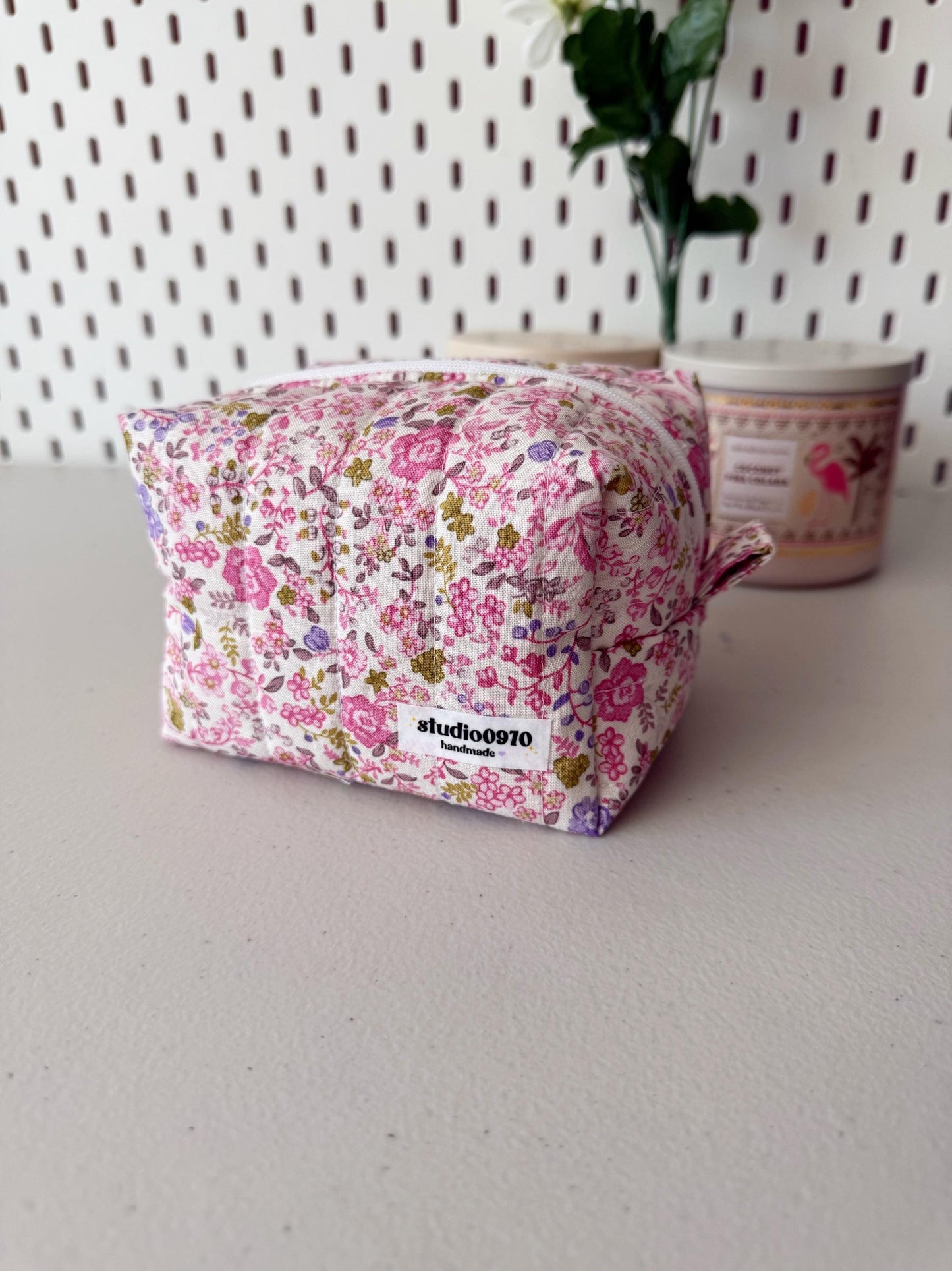 Pink Floral Quilted Mini Boxy Makeup Bag