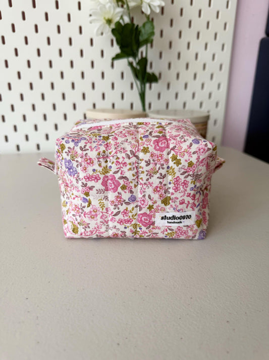 Pink Floral Quilted Mini Boxy Makeup Bag