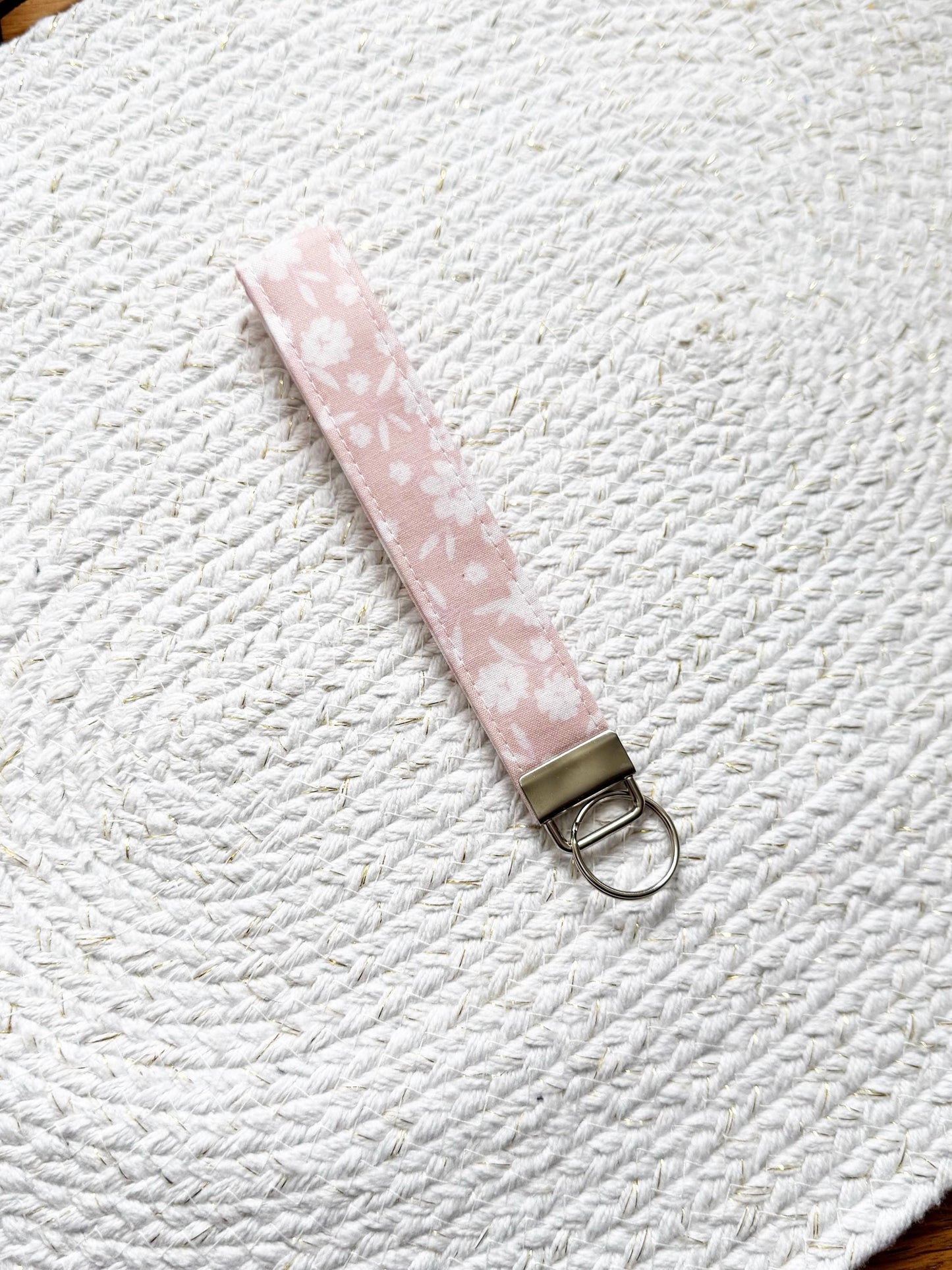 White Floral On Pink Key Fob